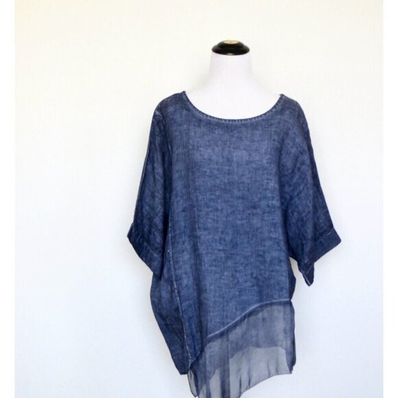 NEW! Gigi Moda Italy 100% Linen Tunic Blouse Asymmetric Hem Lightweight Blue - Picture 1 of 7